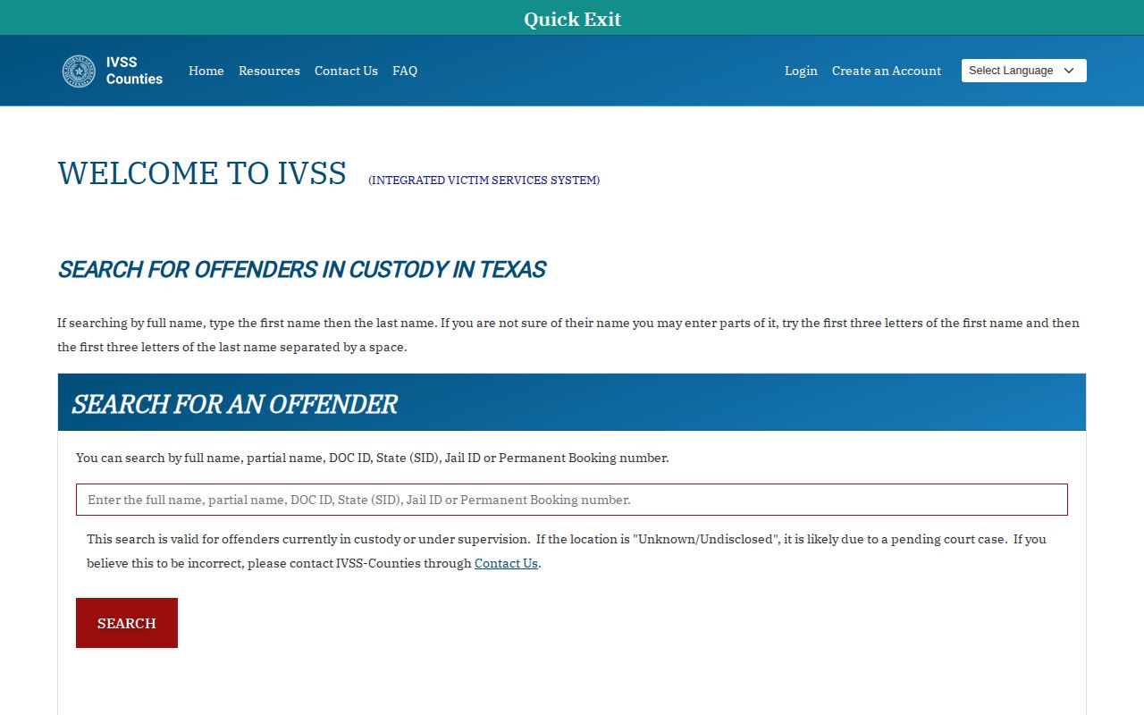 Texas IVSS-Counties custody search and subscription portal