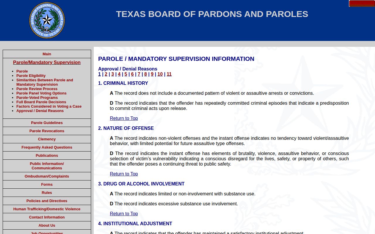 Texas parole decision reasons used for Dickens County parole verification